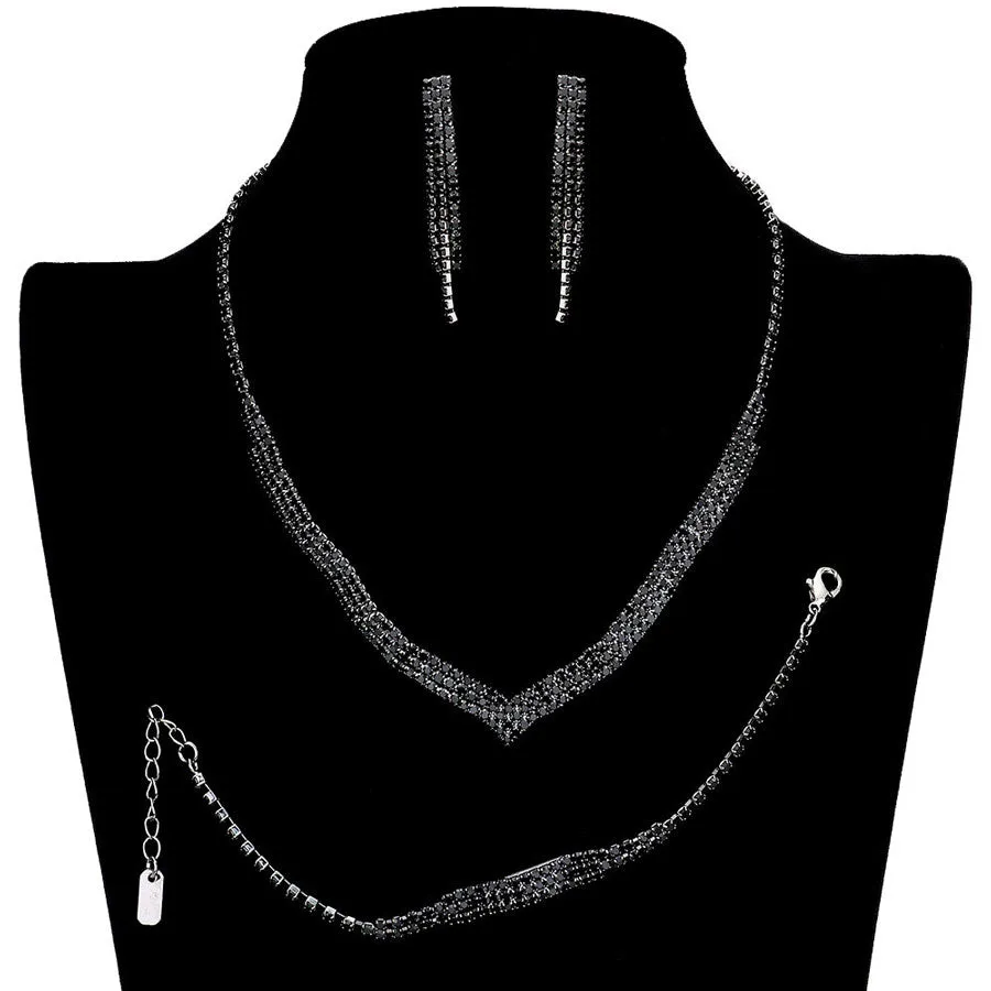 3PCS 3Rows Crystal Rhinestone Necklace Jewelry Set