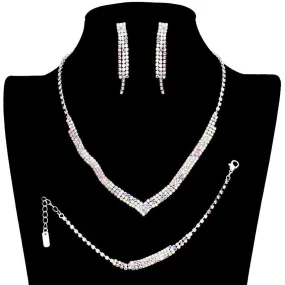 3PCS 3Rows Crystal Rhinestone Necklace Jewelry Set