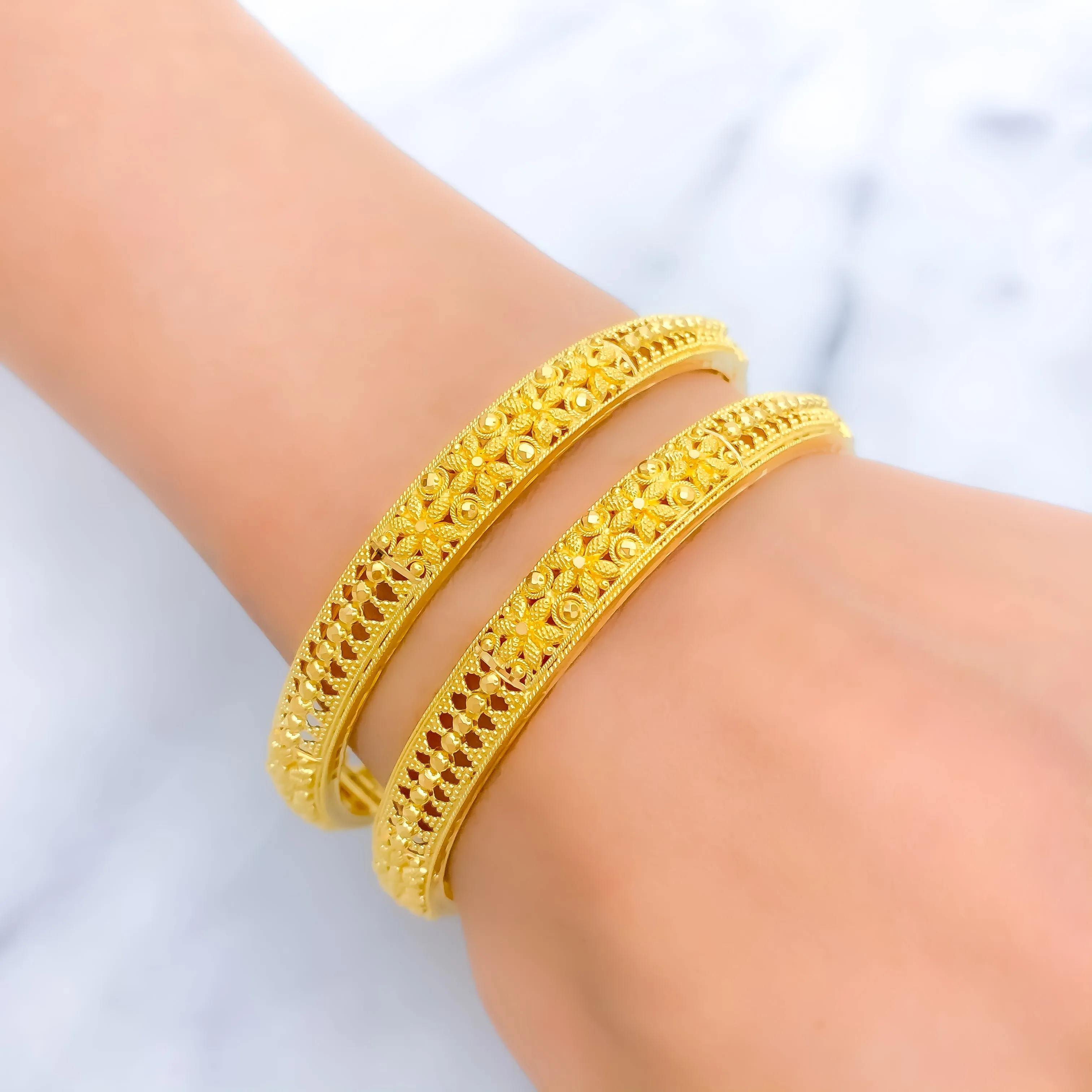 Beautiful Triple Flower 22k Gold Bangle Pair