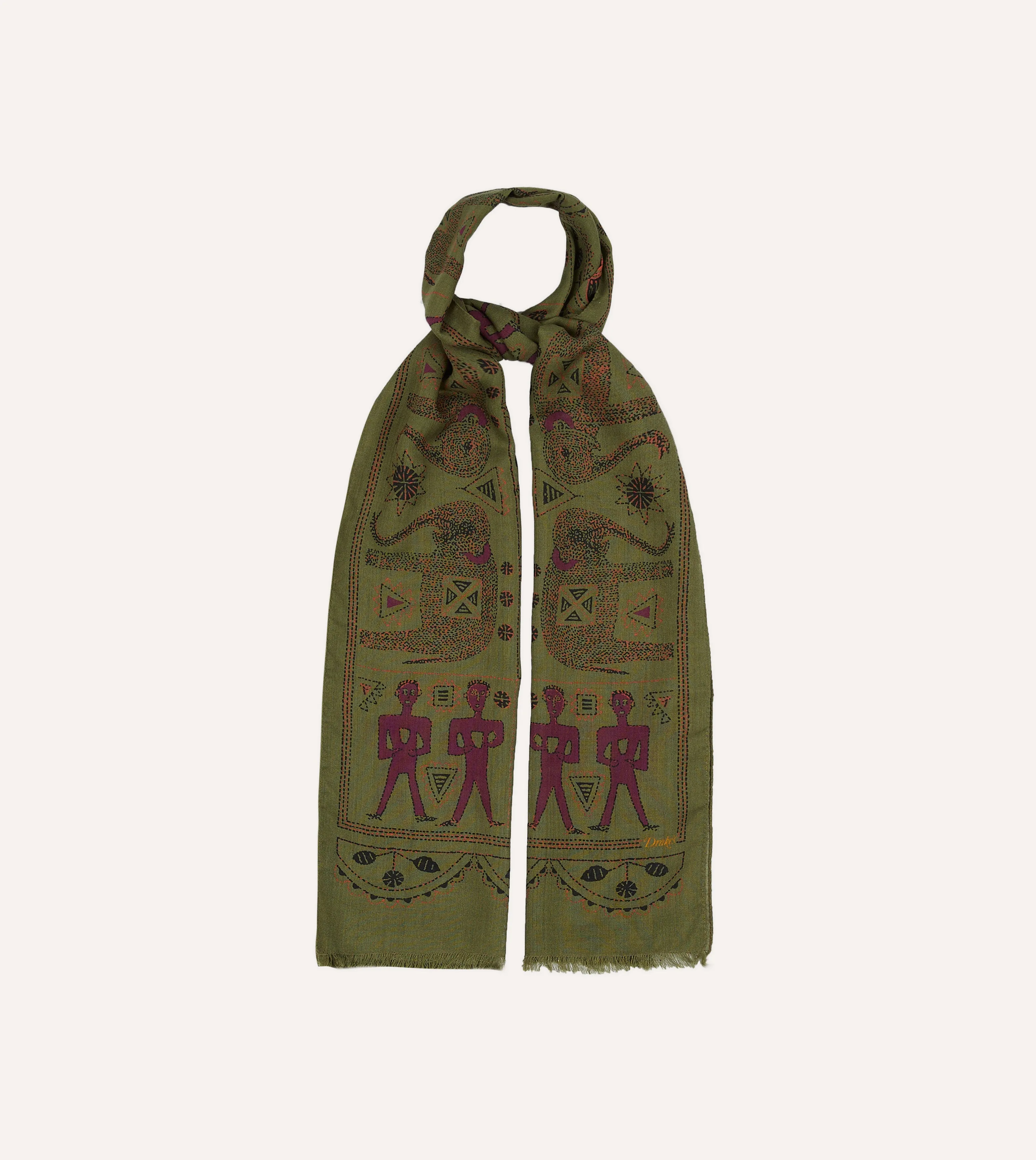 Olive Elephant Print Wool-Silk Scarf