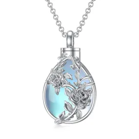 Rose Flower Urn Necklace Cremation Jewelry for Ashes 925 Sterling Silver Teardrop Moonstone Jewelry Gifts for Women